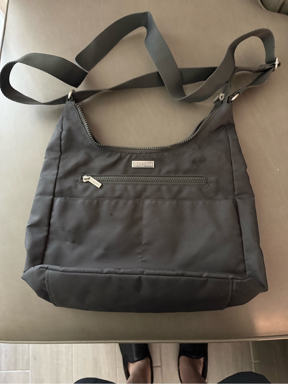 Baggallini Gray Crossbody Bag - Lightweight. Front  and back pockets/zipper/snap